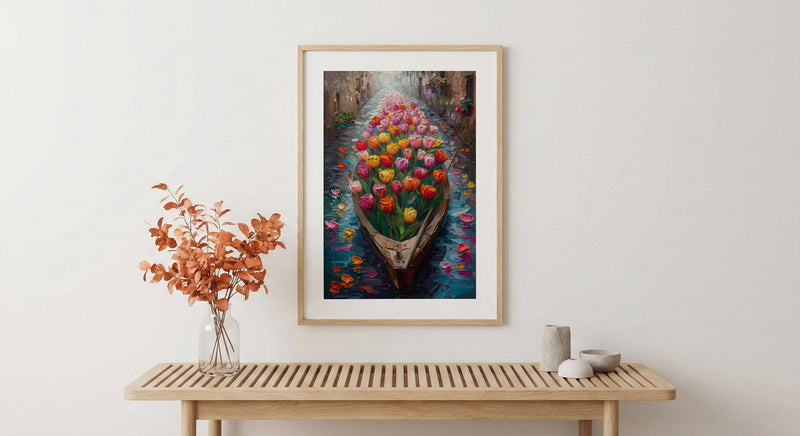 Kashmir Dal Lake Shikara Poster, Spring Tulip Decor - Housewarming Gift