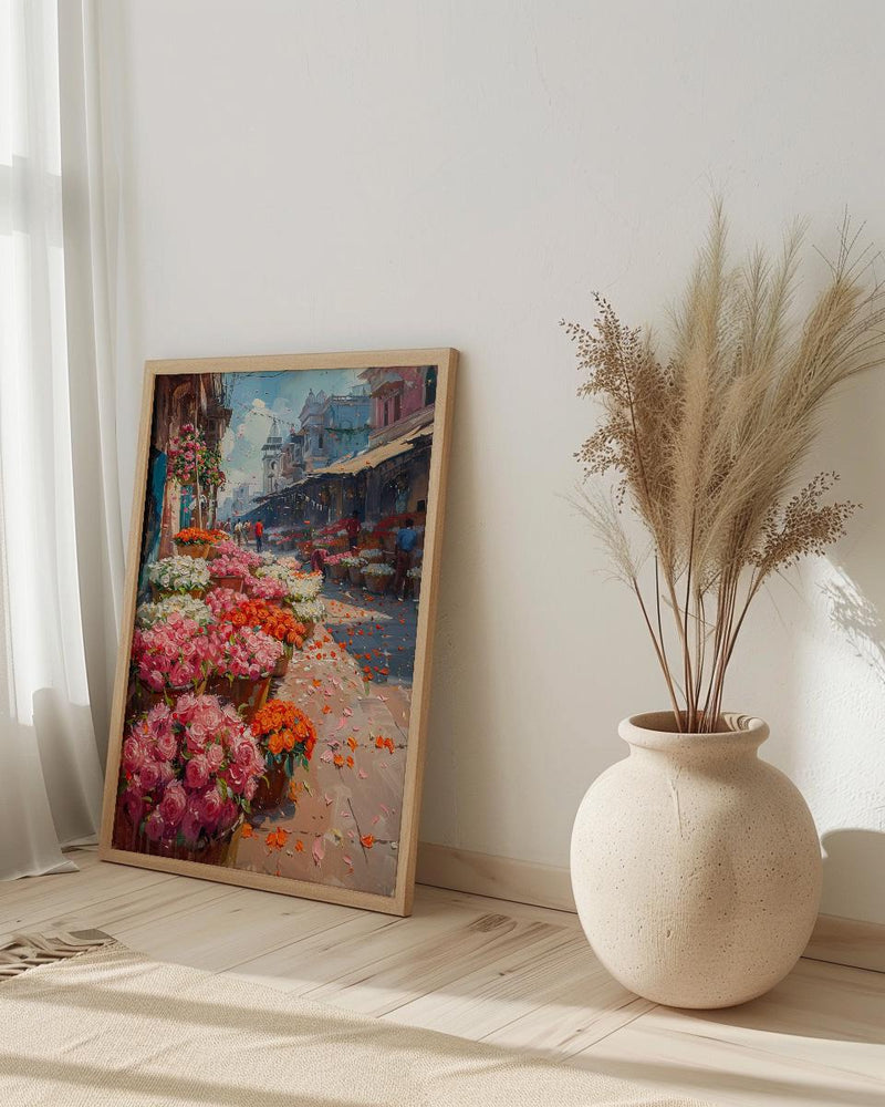 Kolkata Flower Market Wall Art, Pink Rose Spring Print - Thick Oil Painting Style