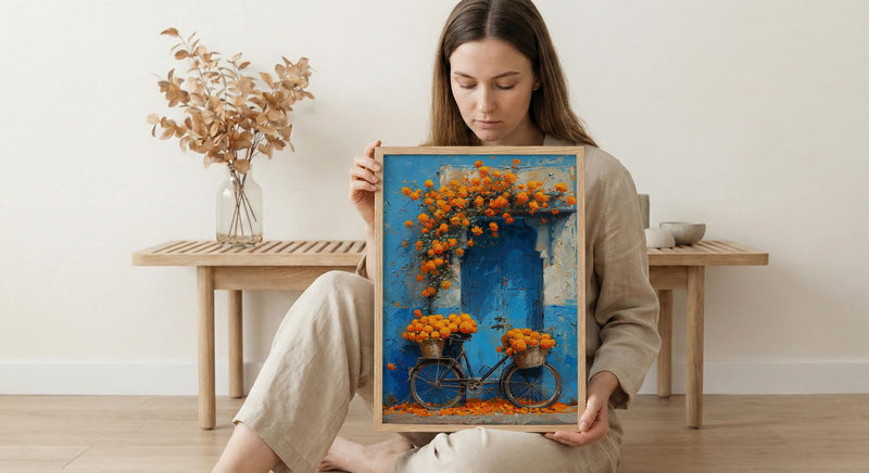 Jodhpur Blue Wall Art Print, Orange Marigold Spring Decor - Entryway Decor