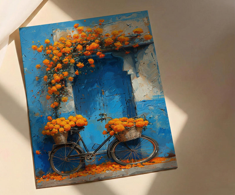 Jodhpur Blue Wall Art Print, Orange Marigold Spring Decor - Entryway Decor