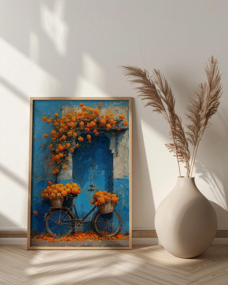 Jodhpur Blue Wall Art Print, Orange Marigold Spring Decor - Entryway Decor