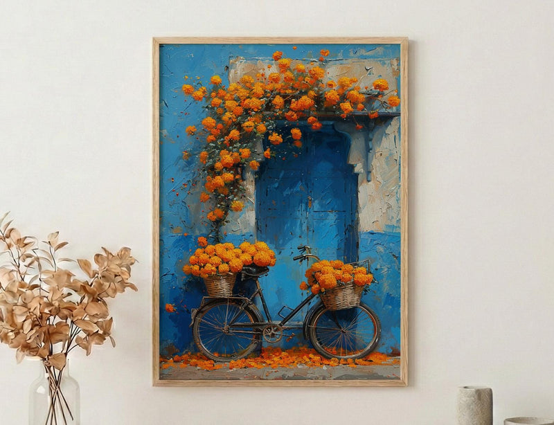 Jodhpur Blue Wall Art Print, Orange Marigold Spring Decor - Entryway Decor