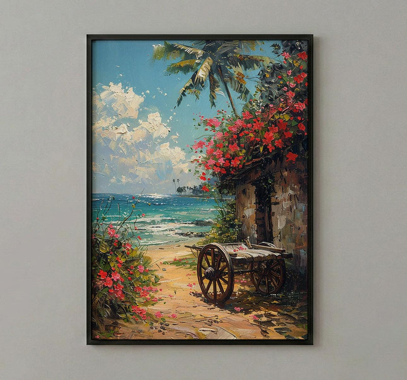 Kerala Tropical Spring Poster, Red Hibiscus Nature Wall Decor - Palette Knife Painting Style