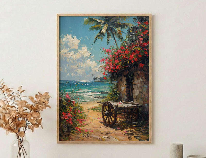 Kerala Tropical Spring Poster, Red Hibiscus Nature Wall Decor - Palette Knife Painting Style