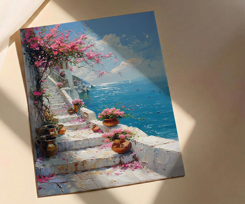 Udaipur Lotus Stairs Wall Art, White Marble Spring Print - Living Room Decor
