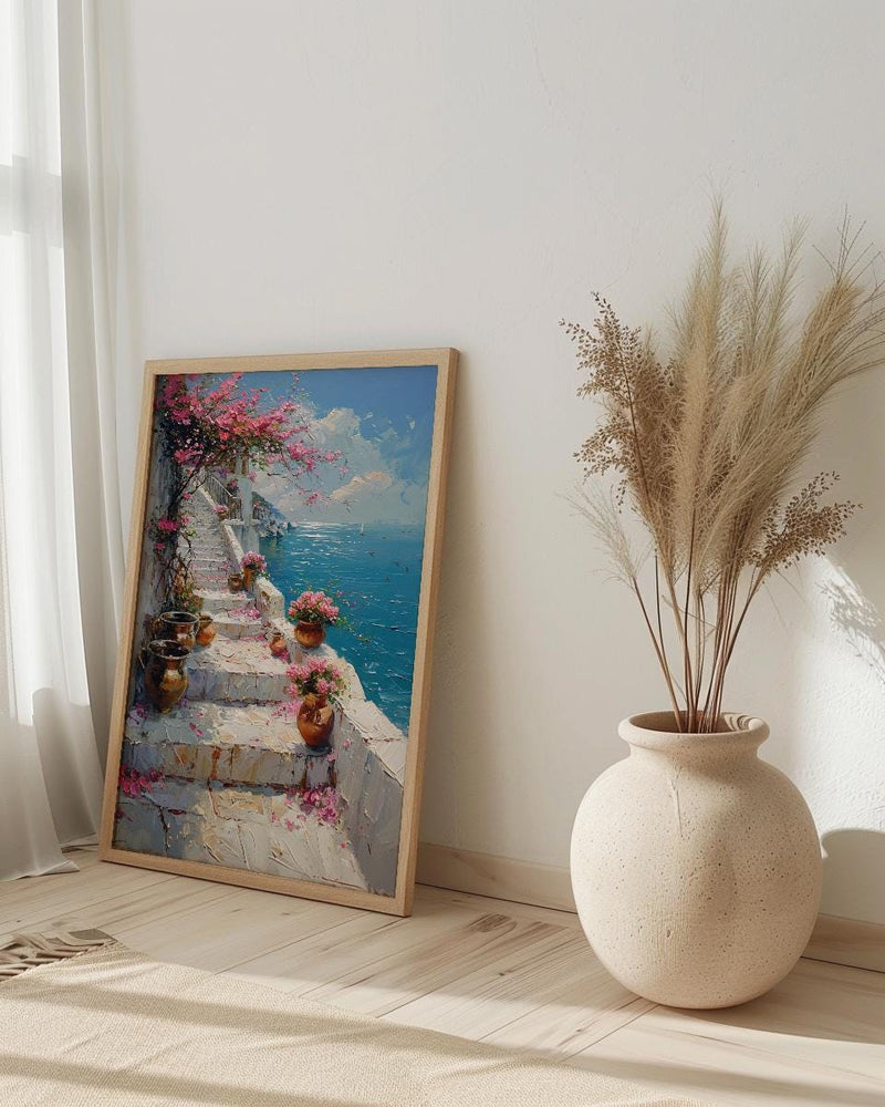 Udaipur Lotus Stairs Wall Art, White Marble Spring Print - Living Room Decor