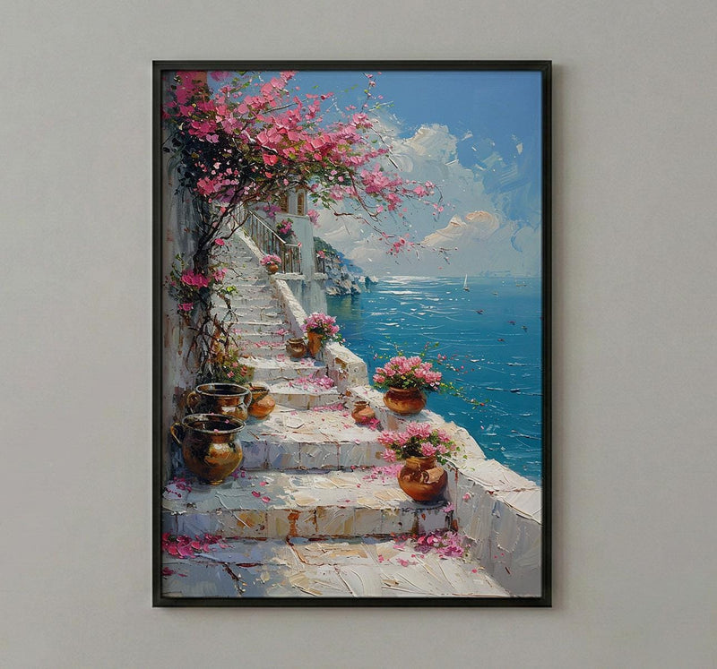 Udaipur Lotus Stairs Wall Art, White Marble Spring Print - Living Room Decor