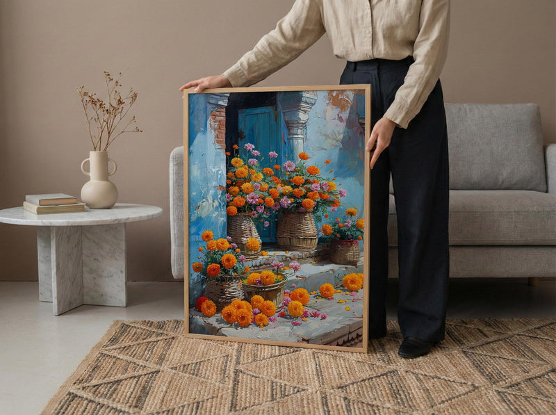 Varanasi Floral Ghats Art Print, Marigold River Decor - Housewarming Gift