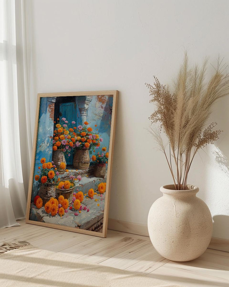 Varanasi Floral Ghats Art Print, Marigold River Decor - Housewarming Gift