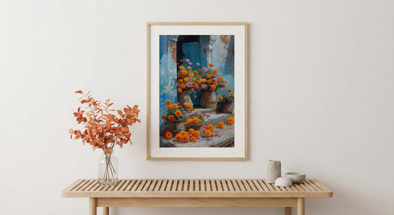 Varanasi Floral Ghats Art Print, Marigold River Decor - Housewarming Gift