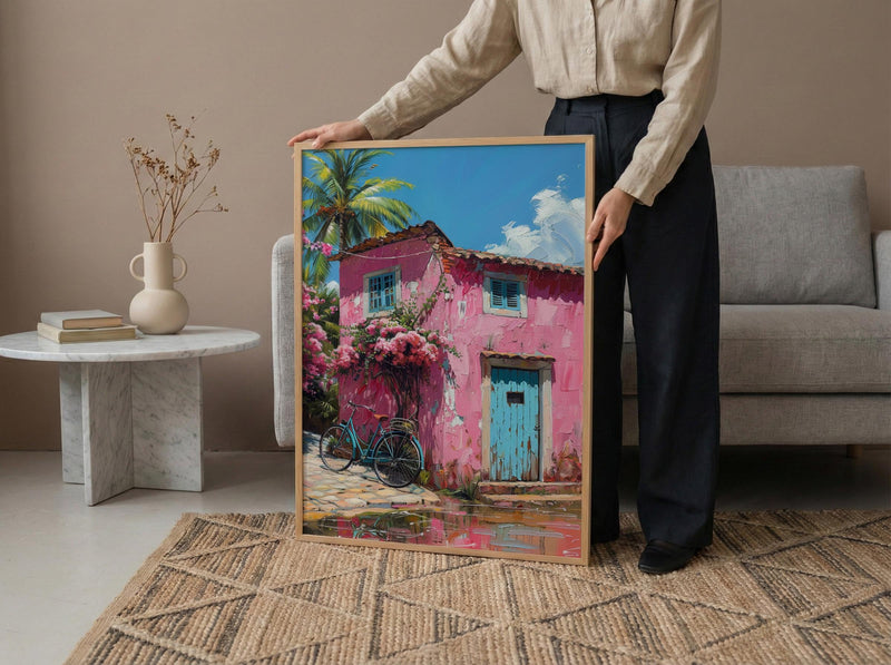Goa Pastel House Wall Art, Tropical Spring Bicycle Print - Textured Impasto Oil Painting