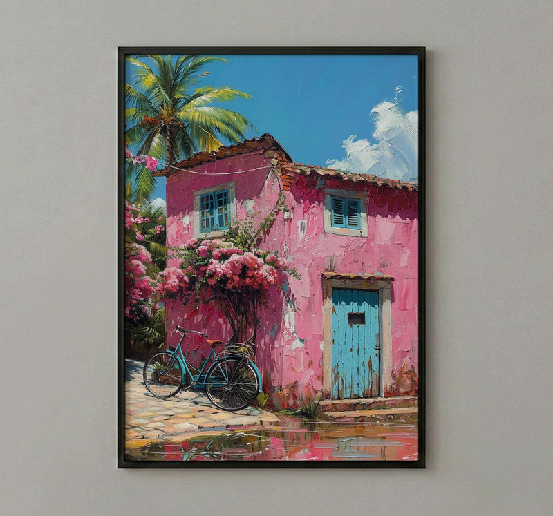 Goa Pastel House Wall Art, Tropical Spring Bicycle Print - Textured Impasto Oil Painting