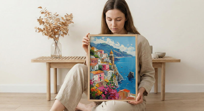 Amalfi Coast Poster, Italy Coastal Village Decor - Vibrant Summer Art