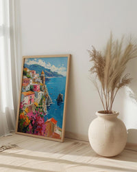 Amalfi Coast Poster, Italy Coastal Village Decor - Vibrant Summer Art