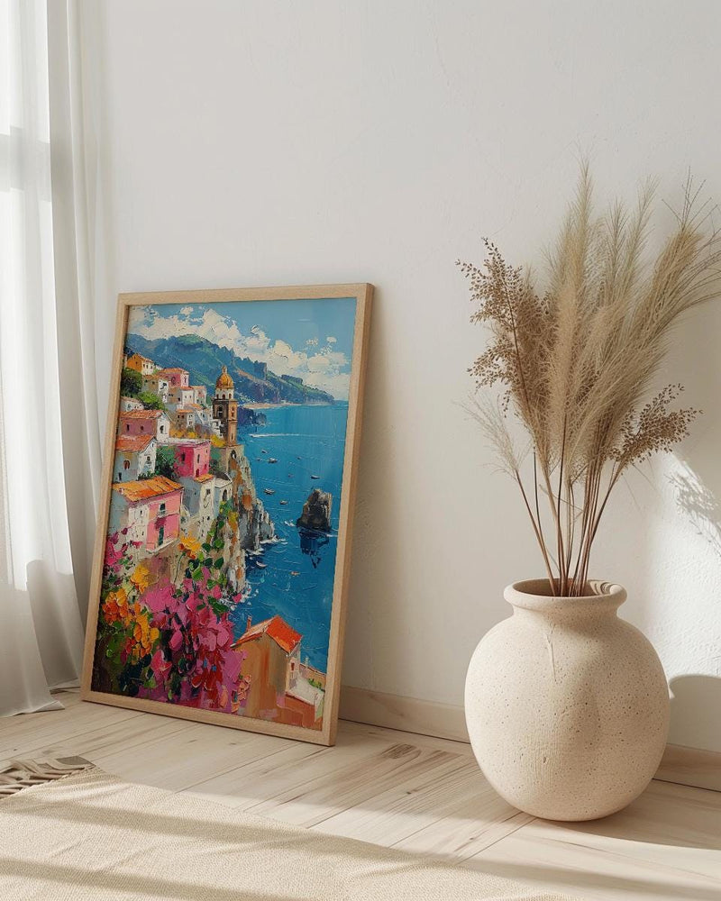 Amalfi Coast Poster, Italy Coastal Village Decor - Vibrant Summer Art