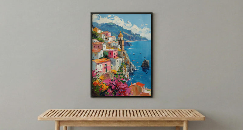 Amalfi Coast Poster, Italy Coastal Village Decor - Vibrant Summer Art