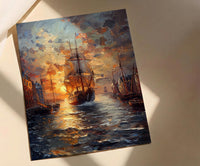 Boston Harbor Art Print, Colonial Ship Decor - Historic Americana Landscape