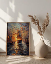 Boston Harbor Art Print, Colonial Ship Decor - Historic Americana Landscape