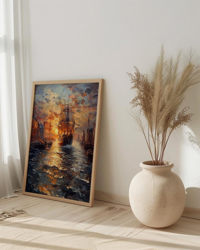 Boston Harbor Art Print, Colonial Ship Decor - Historic Americana Landscape