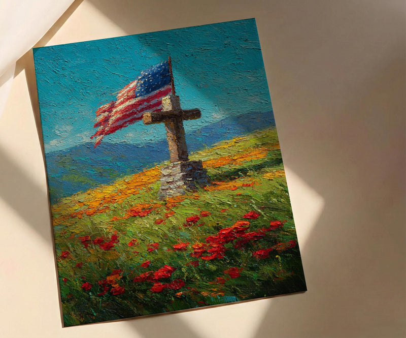 Veteran Memorial Wall Art, Old Wooden Cross Print - Rustic Patriotic Decor