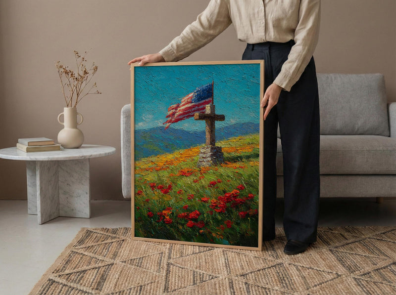 Veteran Memorial Wall Art, Old Wooden Cross Print - Rustic Patriotic Decor