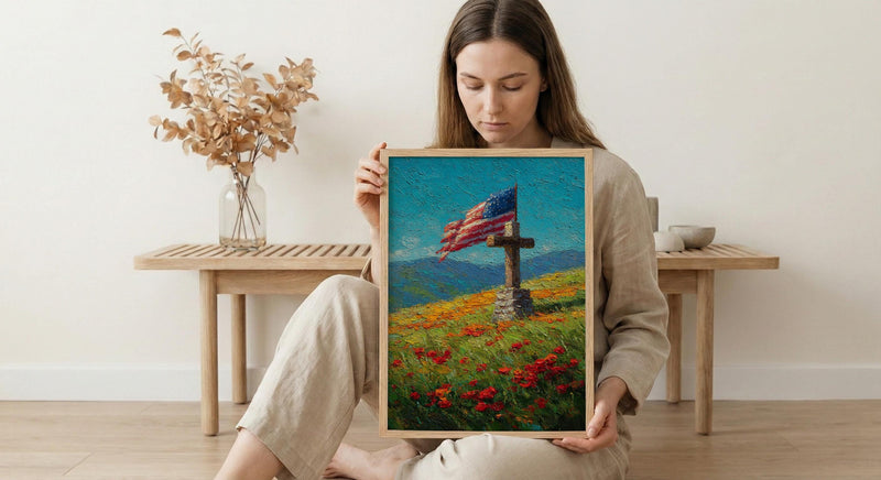 Veteran Memorial Wall Art, Old Wooden Cross Print - Rustic Patriotic Decor