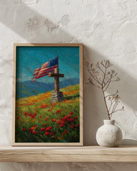 Veteran Memorial Wall Art, Old Wooden Cross Print - Rustic Patriotic Decor