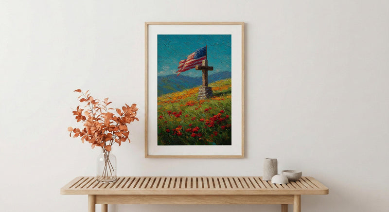 Veteran Memorial Wall Art, Old Wooden Cross Print - Rustic Patriotic Decor
