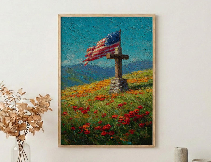 Veteran Memorial Wall Art, Old Wooden Cross Print - Rustic Patriotic Decor