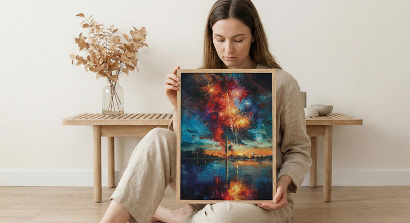 Washington Monument Poster, 4th of July Fireworks Decor - Patriotic City Art