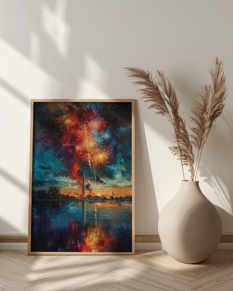 Washington Monument Poster, 4th of July Fireworks Decor - Patriotic City Art