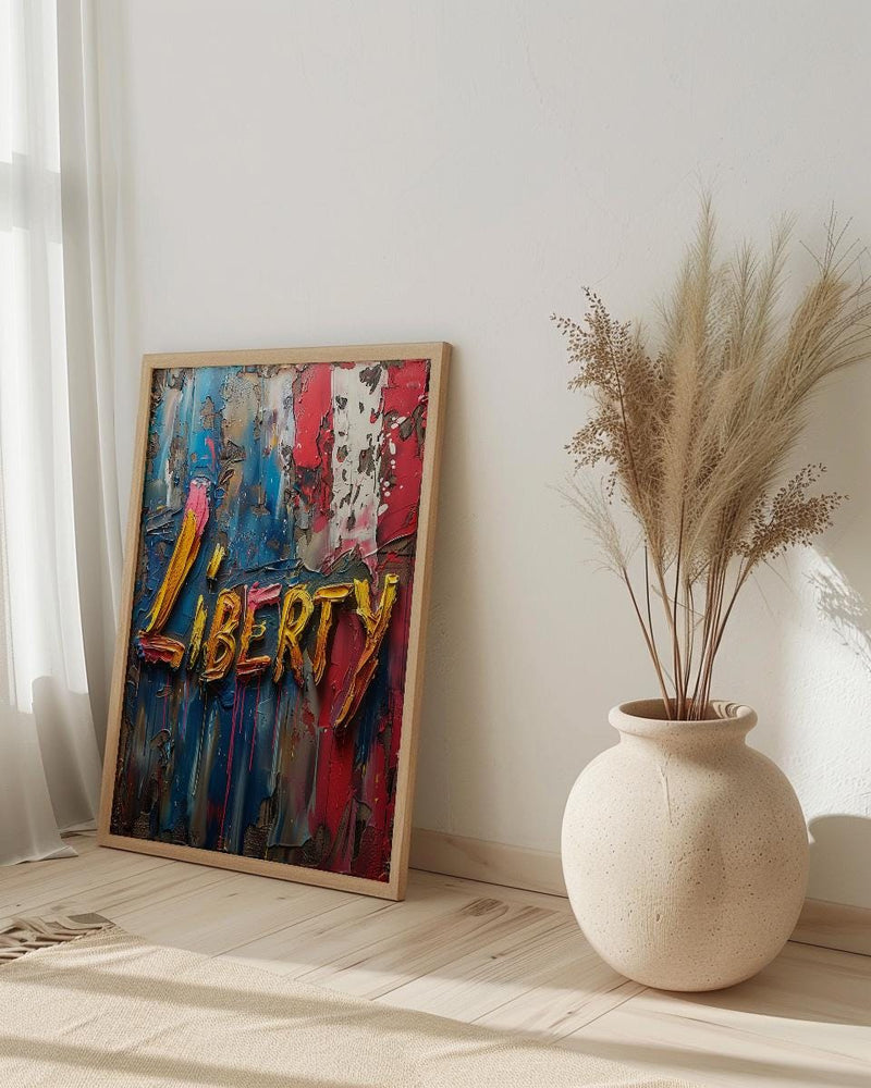 Liberty Abstract Poster, Patriotic Typography Decor - Red White Blue Art