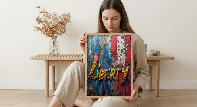 Liberty Abstract Poster, Patriotic Typography Decor - Red White Blue Art