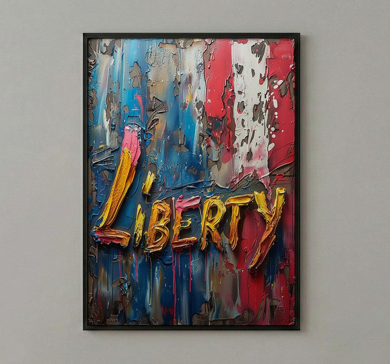 Liberty Abstract Poster, Patriotic Typography Decor - Red White Blue Art