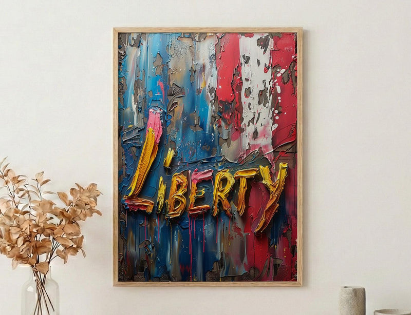Liberty Abstract Poster, Patriotic Typography Decor - Red White Blue Art