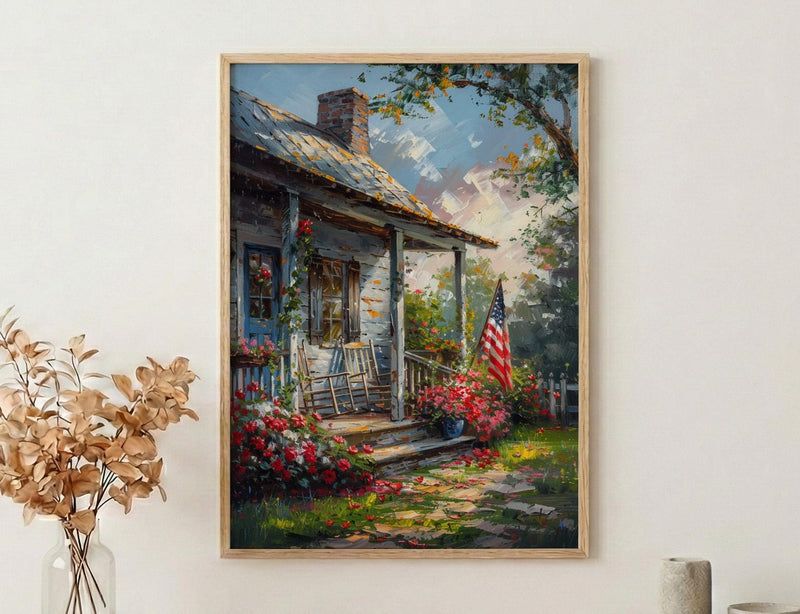 Americana Porch Wall Art, Vintage American Flag Decor - Nostalgic Country Print