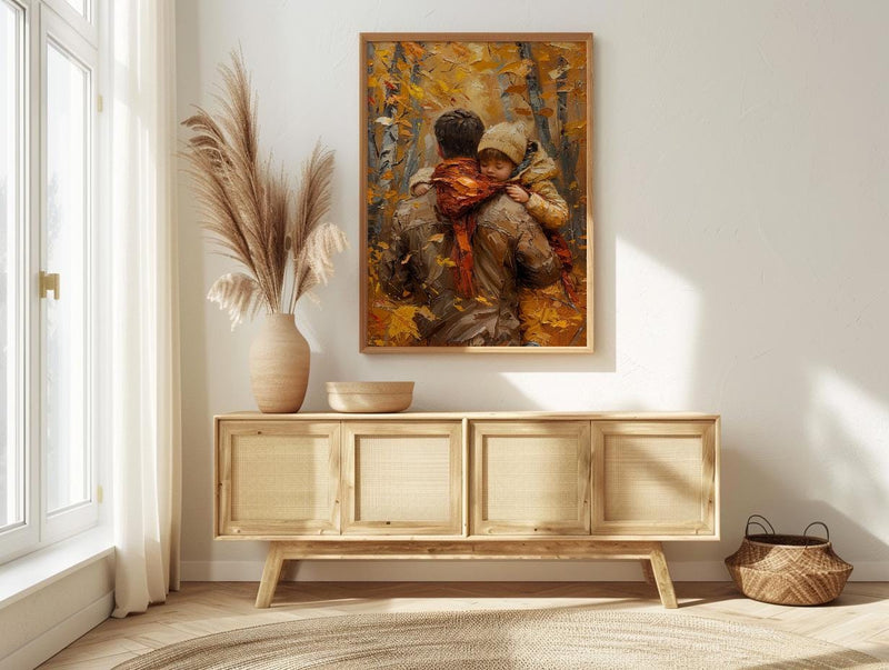 Father Carrying Child Poster, Autumn Park Decor - Peaceful Family Art