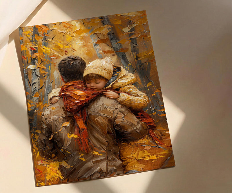 Father Carrying Child Poster, Autumn Park Decor - Peaceful Family Art