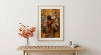 Father Carrying Child Poster, Autumn Park Decor - Peaceful Family Art