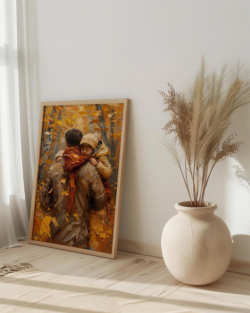 Father Carrying Child Poster, Autumn Park Decor - Peaceful Family Art