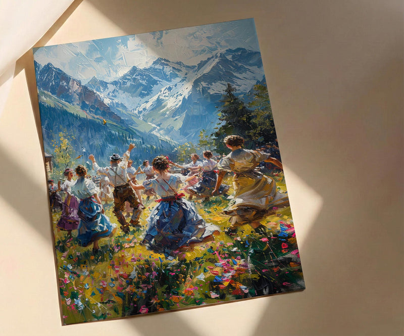 Bavarian Folk Dance Art, Alpine Village Decor - European Heritage Print