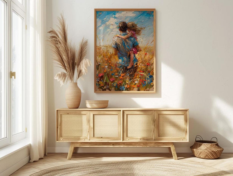 Father Piggyback Ride Art Print, Summer Field Decor - Joyful Family Poster