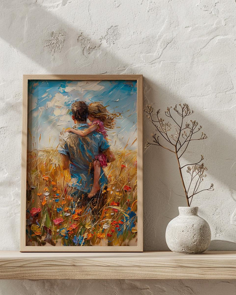 Father Piggyback Ride Art Print, Summer Field Decor - Joyful Family Poster