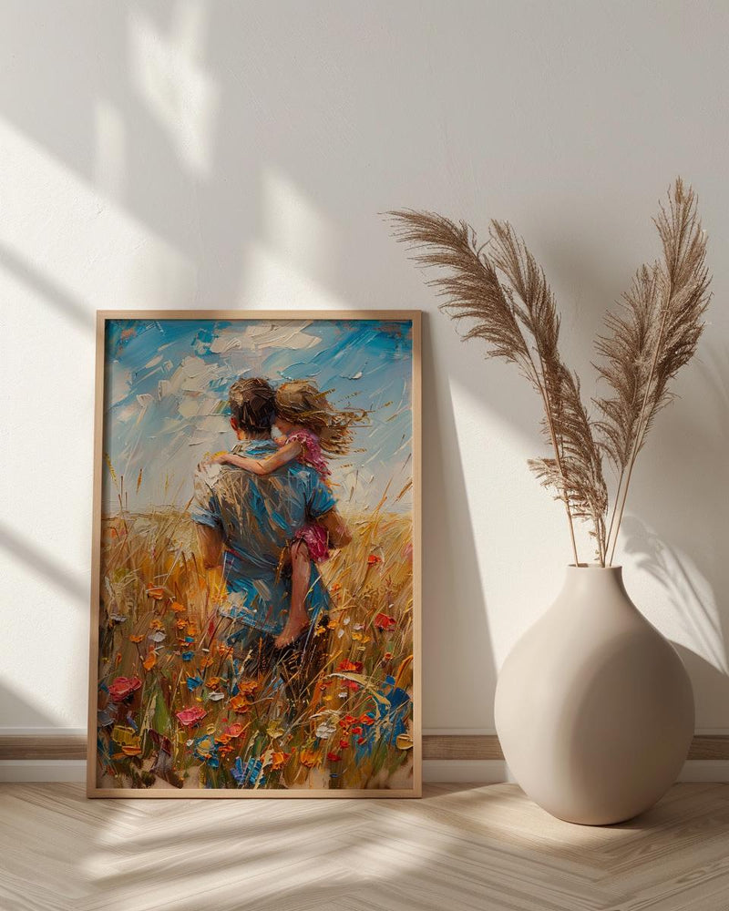 Father Piggyback Ride Art Print, Summer Field Decor - Joyful Family Poster