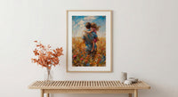 Father Piggyback Ride Art Print, Summer Field Decor - Joyful Family Poster