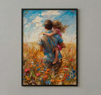 Father Piggyback Ride Art Print, Summer Field Decor - Joyful Family Poster