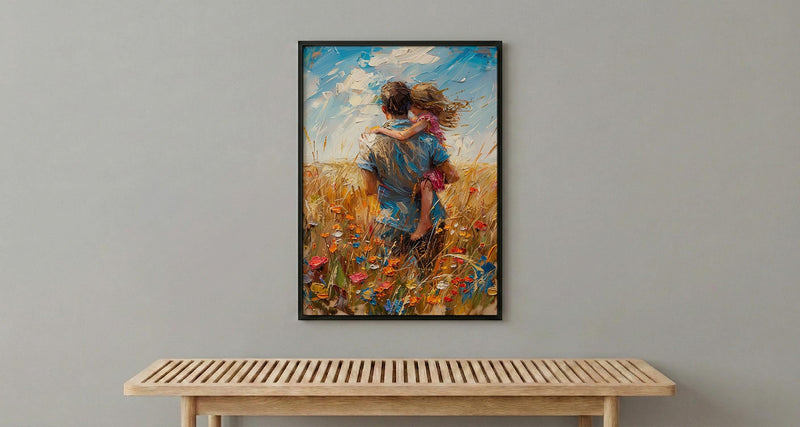 Father Piggyback Ride Art Print, Summer Field Decor - Joyful Family Poster