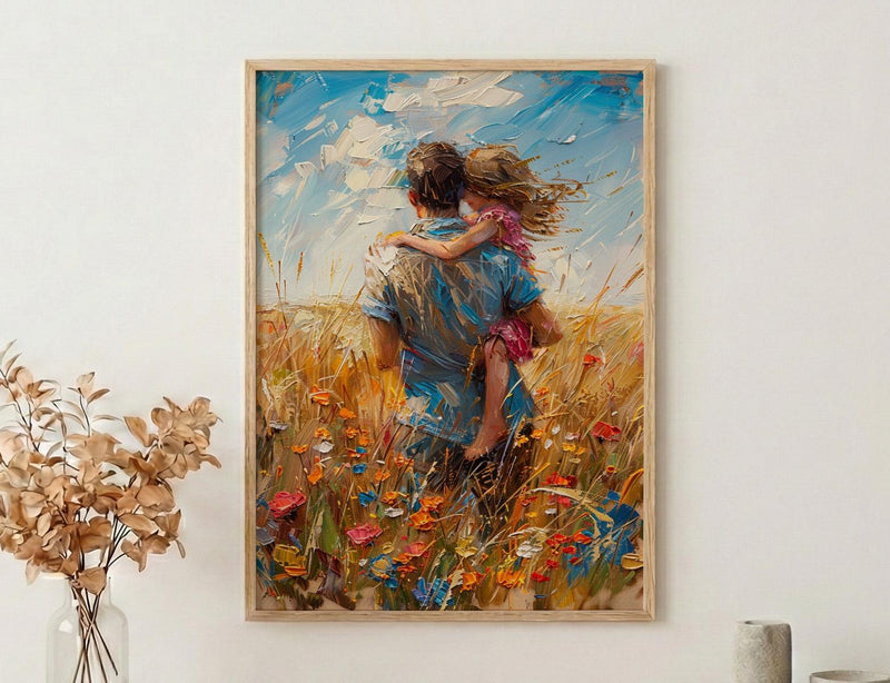 Father Piggyback Ride Art Print, Summer Field Decor - Joyful Family Poster