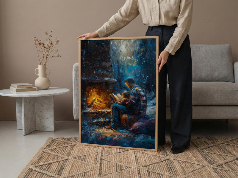 Father Reading Book Wall Art, Cozy Fireplace Decor - Family Storytime Print