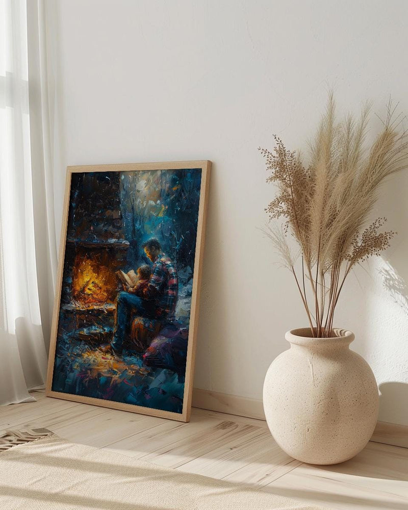 Father Reading Book Wall Art, Cozy Fireplace Decor - Family Storytime Print